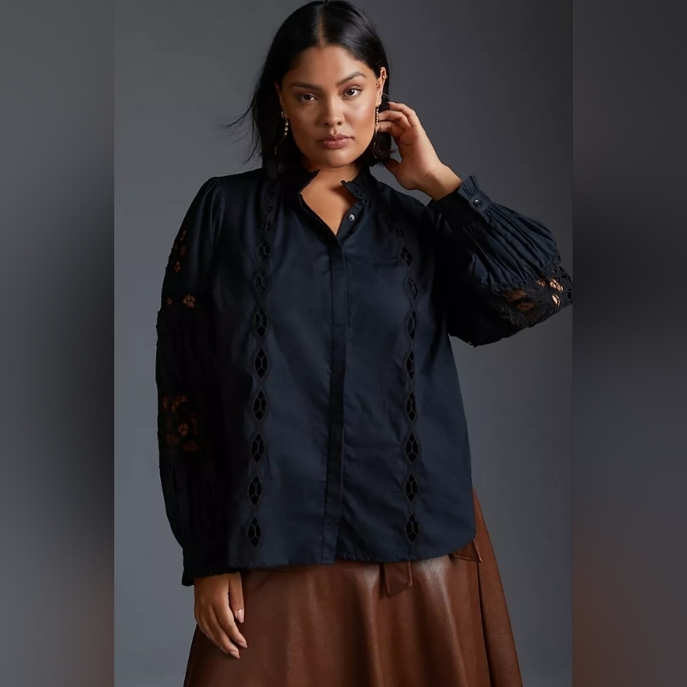 NWT By Anthropologie Cutwork Peasant Button Down Blouse SZ MEDIUM